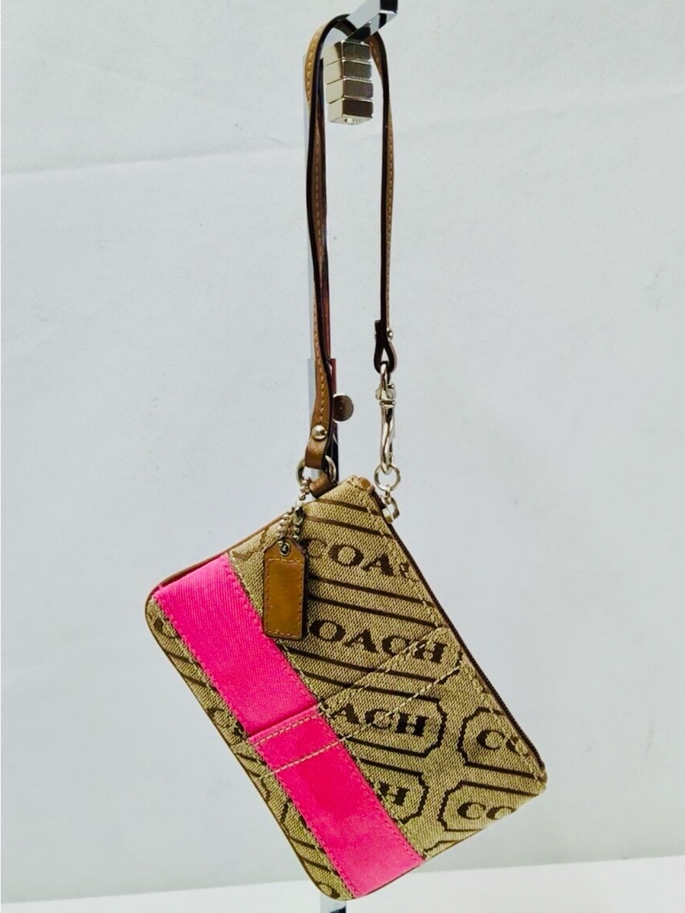 Coach Brown Signature Canvas Wristlet with Pink Accent - Picture 2 of 4